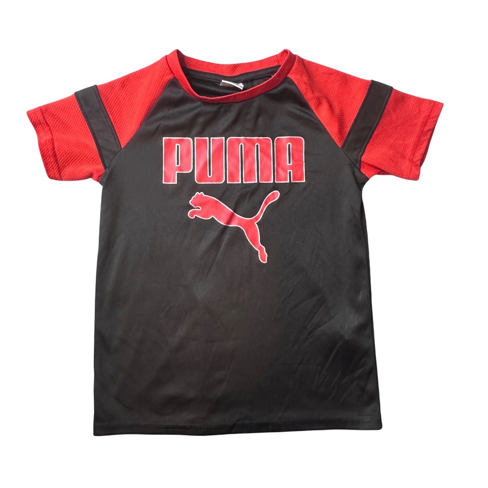 Puma T-Shirt Kids Size 5 Black Red Graphic Logo Active Short Sleeve Tee Raglan